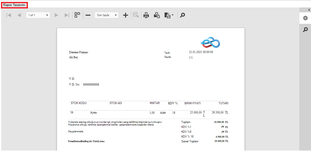 Rapor tasarımı ekranı